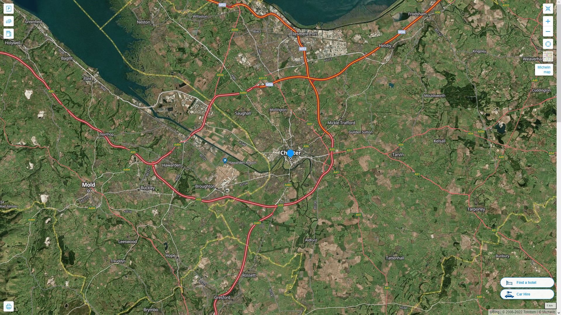 Chester Royaume Uni Autoroute et carte routiere avec vue satellite